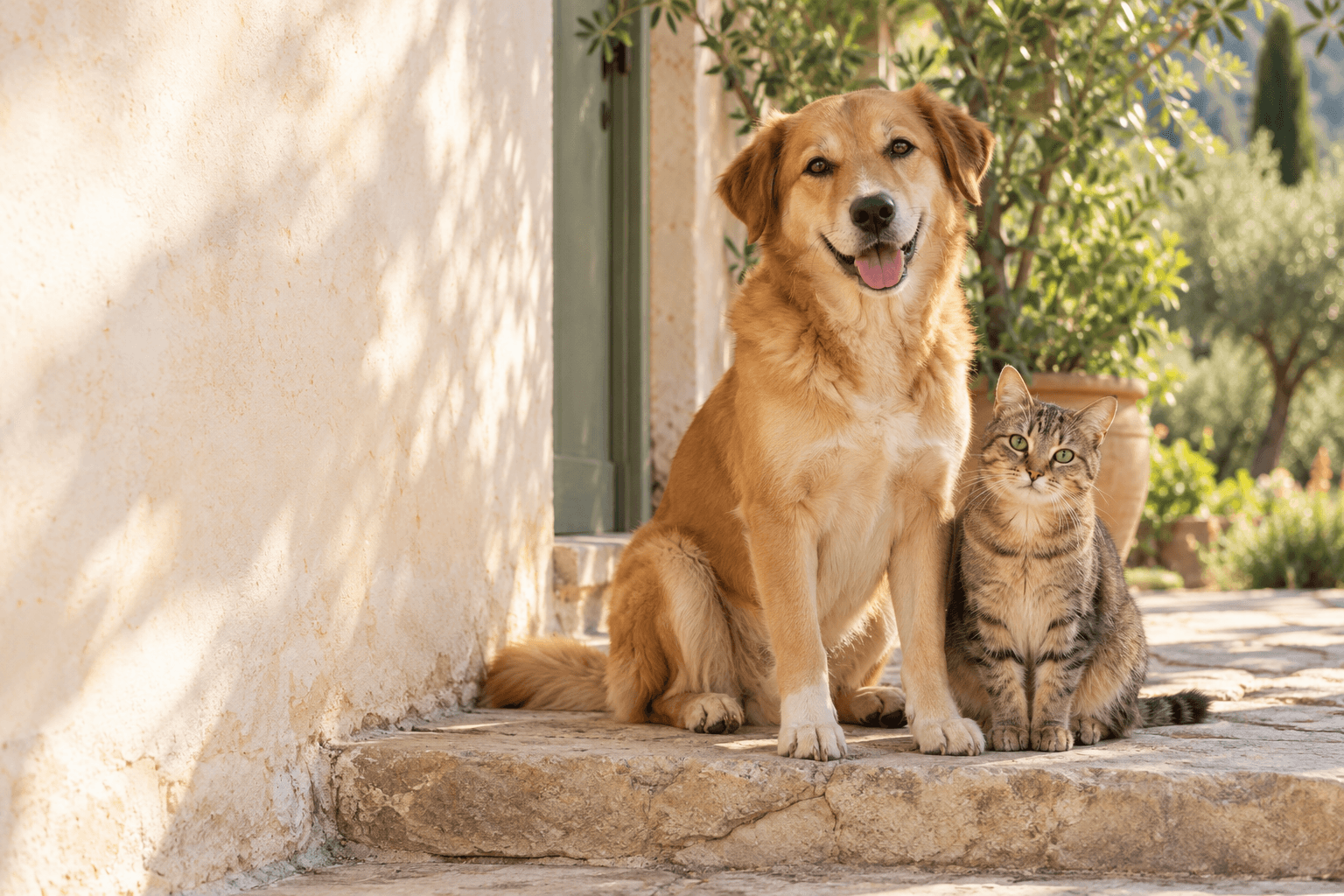 Yan yana oturan bir kedi ve köpek; temsili fotoğraf